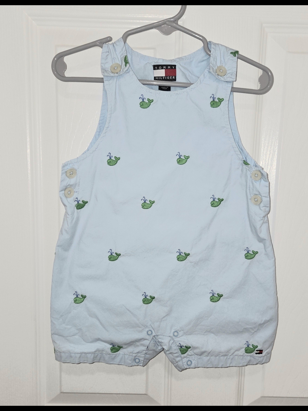 Tommy Hilfiger Infant Blue One Piece Embroidered Green w/ Whales Size 6-12 SEE